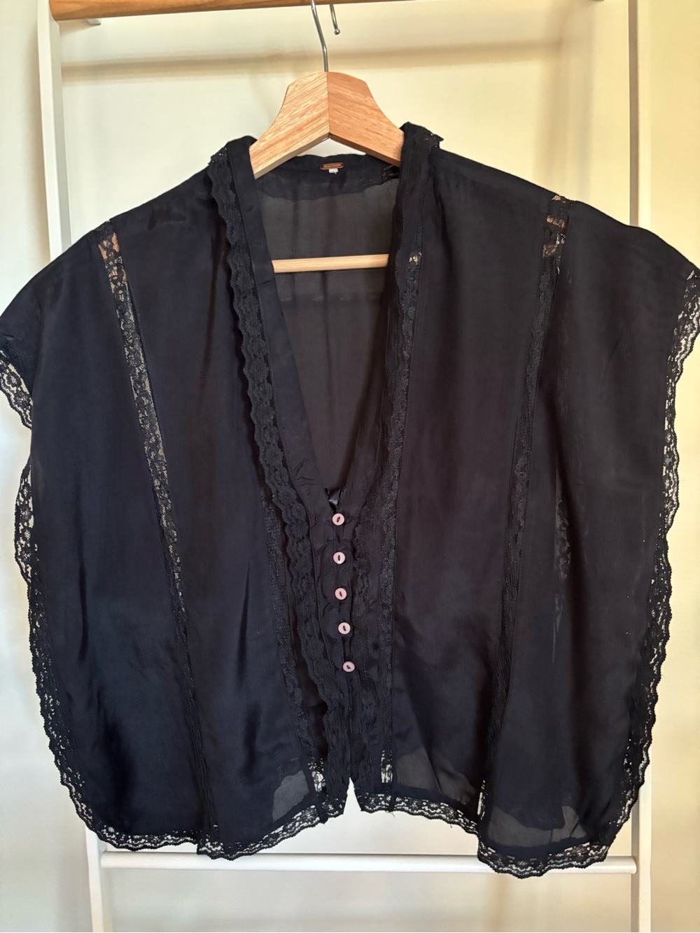 Free People Black Lace Trim Button Front Blouse